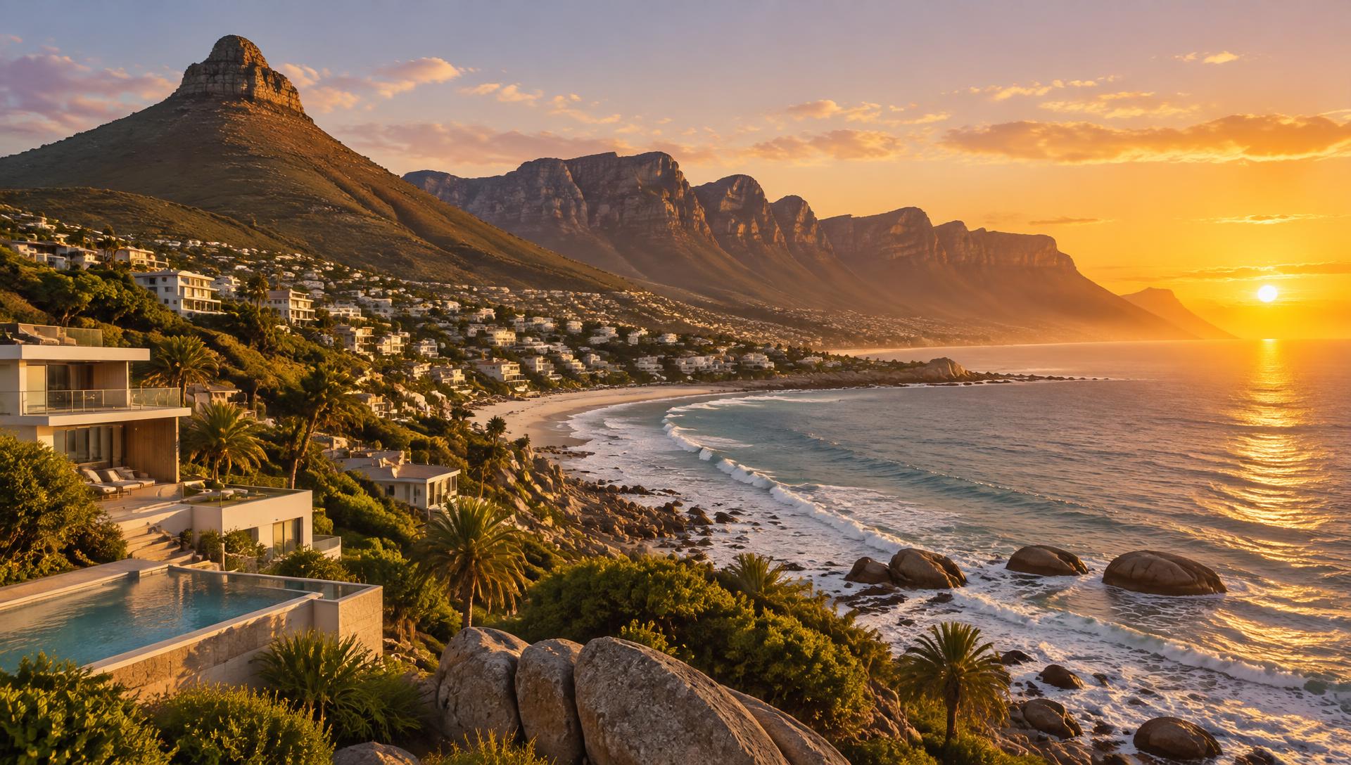 Cape Town's Atlantic coastline and mountains at sunset